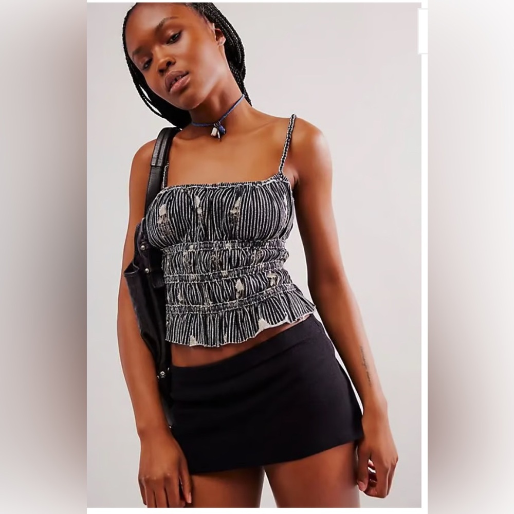 NWOT Free People WE THE FREE DOLCE VITA TANK Black Combo Ruched Bodice Size Lg